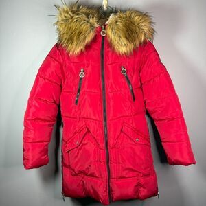 DKNY Girls Red Puffer Jacket Faux Fur Hood Size L (14/16)